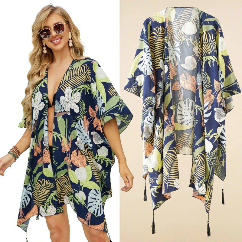 

Женское цветочное кимоно, кардиган, Открытое Спереди, макси-платье, свободное пляжное платье, купальник с Боковым Разрезом, накидка для купального костюма