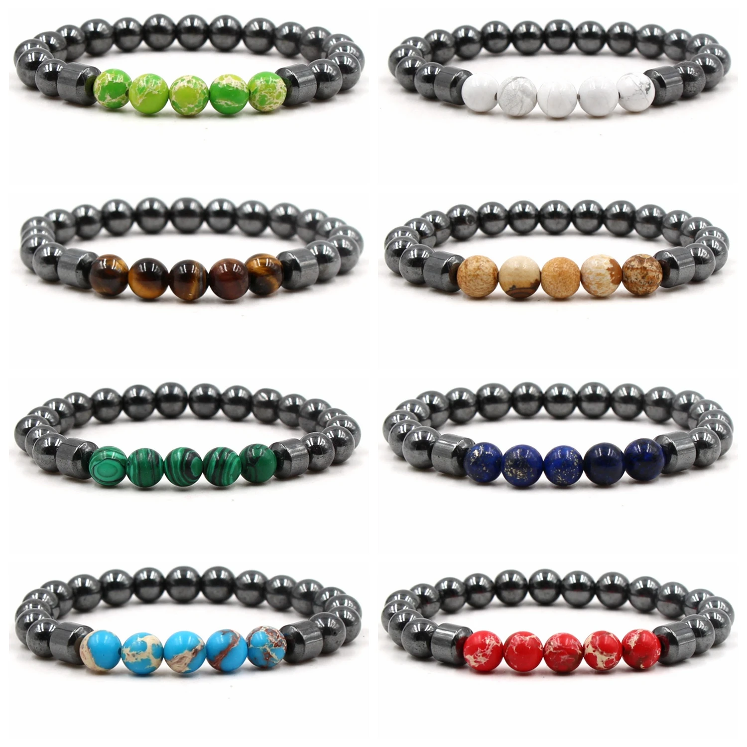 

6PCS Magnetic Hematite Beaded Bracelets for Men Women Stone Bead 6MM/8MM Healing Stretch Round Crystal Semi-Precious Bangle