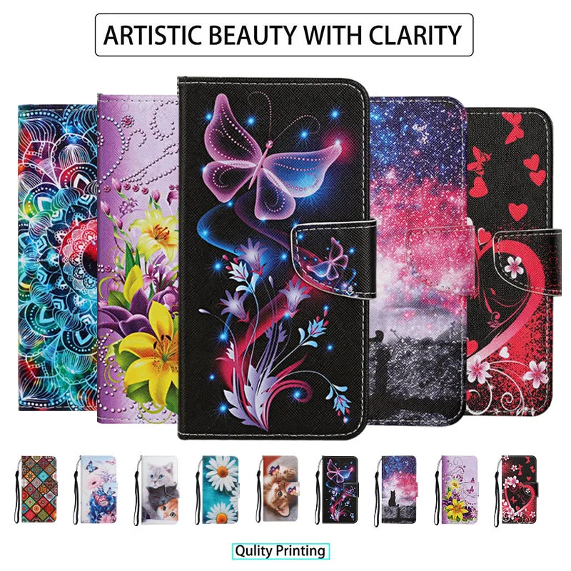 Фото Окрашенный кожаный чехол для Redmi 9 9A 9C 9T Note 7 8 8T 9 9S Pro A1 A4 A5 Flip Wallet Card Stand Book Cover бабочка кошка цветок №1