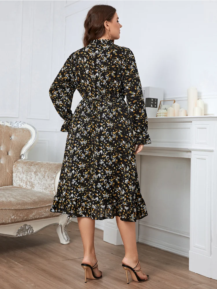 Temperament commuter tie round neck floral lace long sleeve women dress large plus size  party dresses