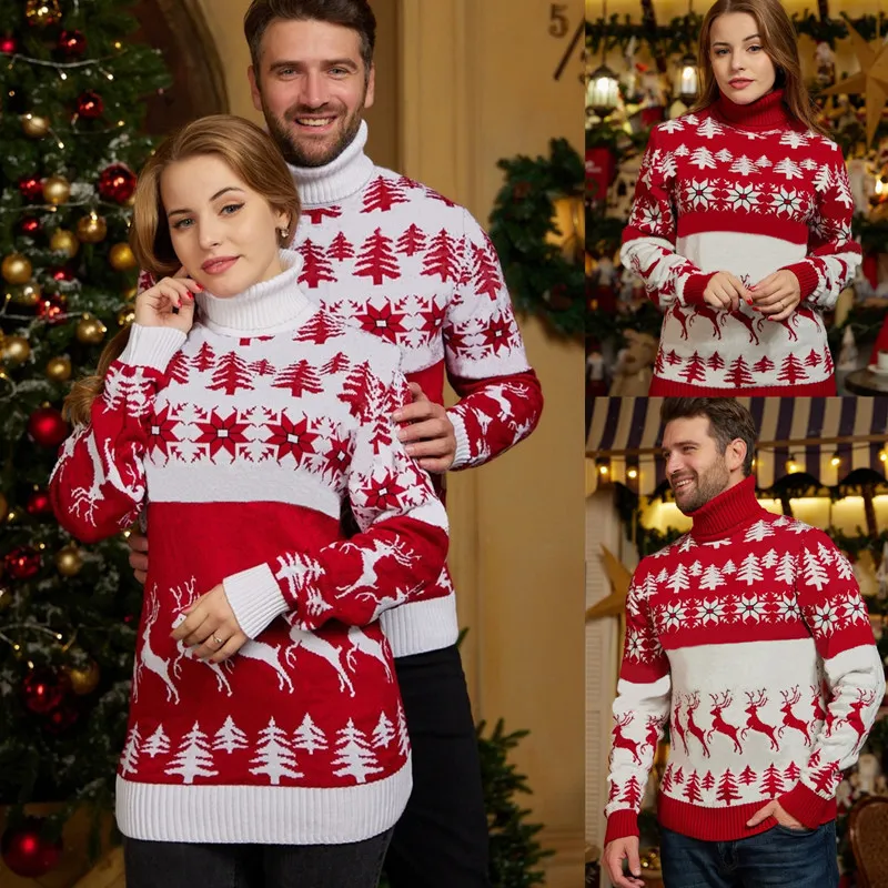 2023 рождественские парные свитера сочетающиеся с одеждой для нового года для женщин и мужчин унисекс Водолазка Теплые плотные вязаные Джемп...