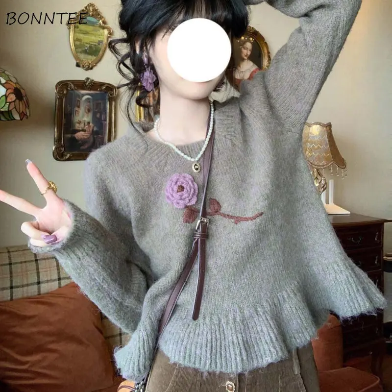 

Pullovers Women Sweet Casual Embroidery Students Spring Korean Style Vintage Simple Popular Age-reducing Female Comfort Loose