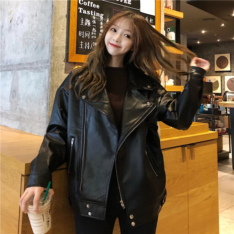 Oversize Women Leather Jackets Korean Winter Autumn  Long Sleeve PU Leather Coat Female Fashion Cool Girl Motocycle Zipper Coat
