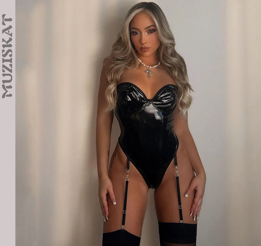 

MUZISKAT 2023 Burst Models Solid Color Leather Steel Ring Gathered Sexy Fashion Back Shaping Garter Bodysuit Thin