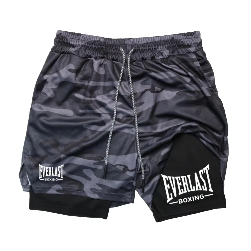 Фото Мужские модные двухслойные спортивные шорты, спортивные шорты с принтом EVERLAST, двухслойные быстросохнущие баскетбольные мышцы для фитнеса №1