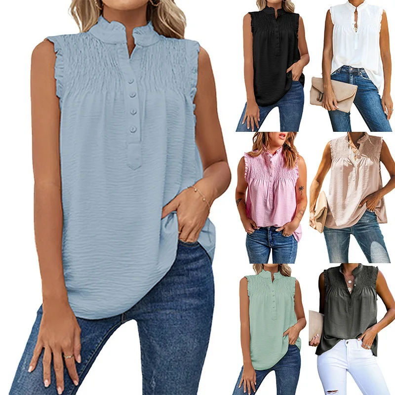 

Fashion Summer Women's Sleeveless High Neck Button Frill Loose Tank Top Casual Top Lady