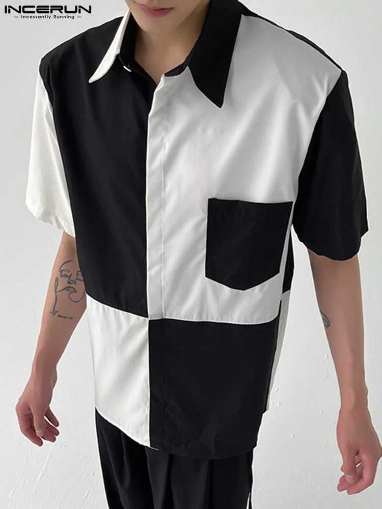 

Stylish Well Fitting Tops INCERUN New Men's 2Color Stitching Contrast Color Blouse Koeran Style Short-sleeved Lapel Shirts S-5XL