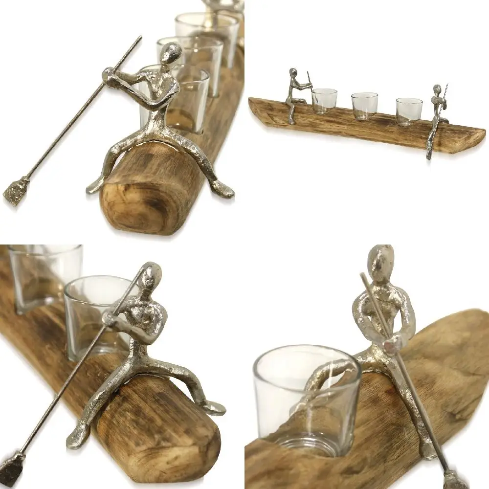 

Stunningly Natural Carved Wood Tandem Canoe with Pewter Paddling Figurines & Three Glass Candle Holders.