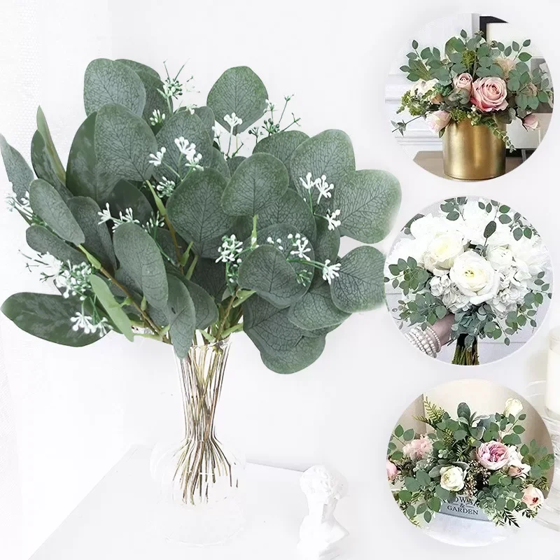 

5pcs Artificial Plants Green Eucalyptus Leaves DIY Bridal Bouquet Fake Flowers For Home Garden Party Wedding Flower Decorations
