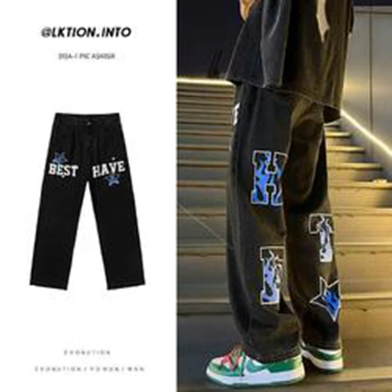 

New Korean Style Autumn Letter Printed Denim Pants Men Streetwear Washed Jean Pants Neutral Hip Hop Loose Straight Casual Jeans
