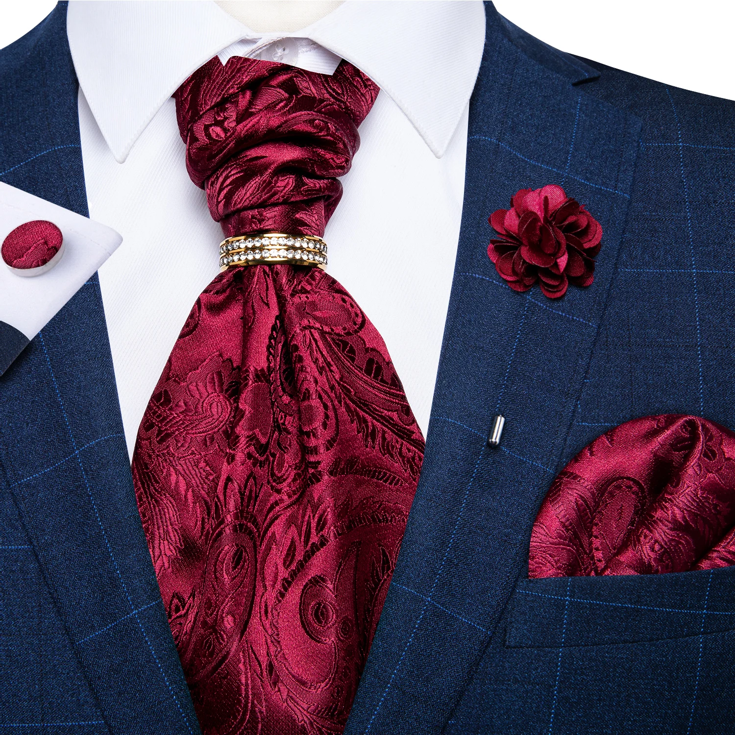 

Men's New Design Ties Fashion Silk Paisley Jacquard Red Cravat Ascot Ties Ring Corsage Cufflinks Pocket Square Set for Wedding
