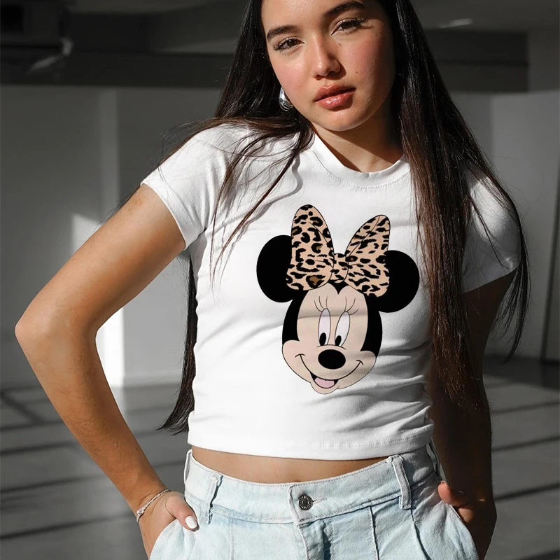 Mickey Tshirt 90s Y2k Minnie Mouse Hat Print Crop Top Tee T-shirt Women Fashion T Shirt Female Clothes Kawaii Disney