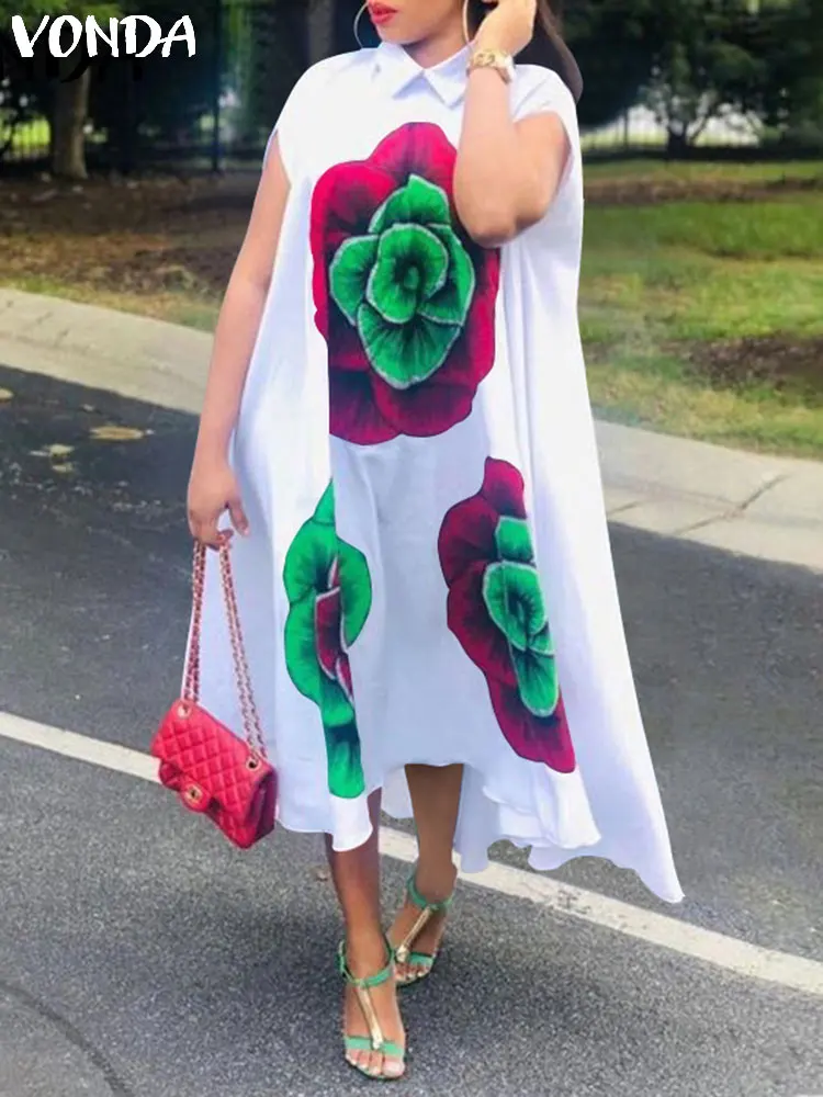 

VONDA Summer Short Sleeve Dress 2022 Women Bohemian Beach Party Dress Vintage Floral Print Casual Loose Midi Robe Femme Oversize