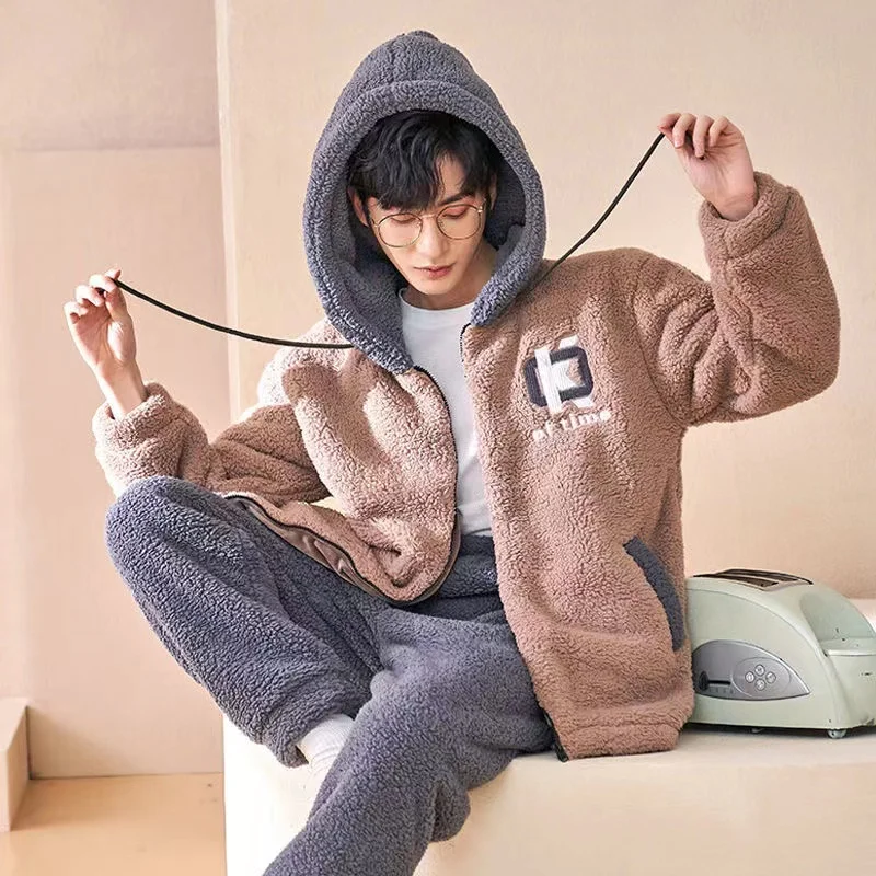 New Winter Pajamas Sets Men Thicken Flannel Pyjamas Hooded 2 Piece/Set Loungewear Home Clothes 2022 New Warm Homewear Pijama
