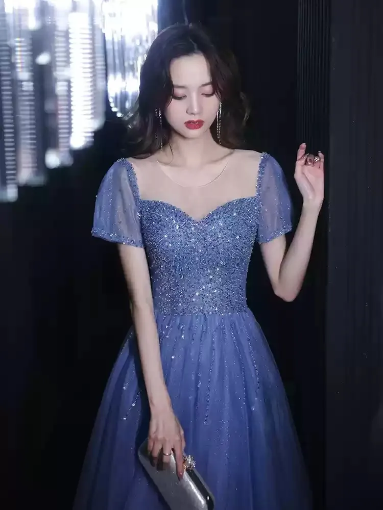 Синее вечернее платье Потрясающее с бисером и блестками на шнуровке сзади