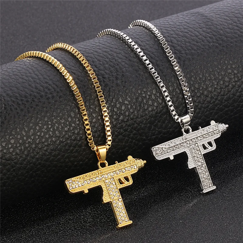 Фото Позолоченное ожерелье с подвеской Uzi Gun для мужчин, блестящая цепочка с кристаллами для автоматов, аксессуар в стиле хип-хоп, мужские ювелирные изделия №5