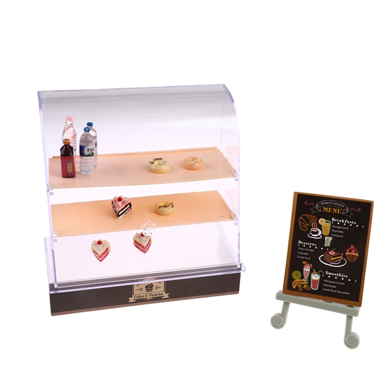1Set 1:12 Dollhouse Miniature Cake Display Cabinet Signboard Stand Model Cake Dessert With Box Sugarloaf Living Scene Decor Toy