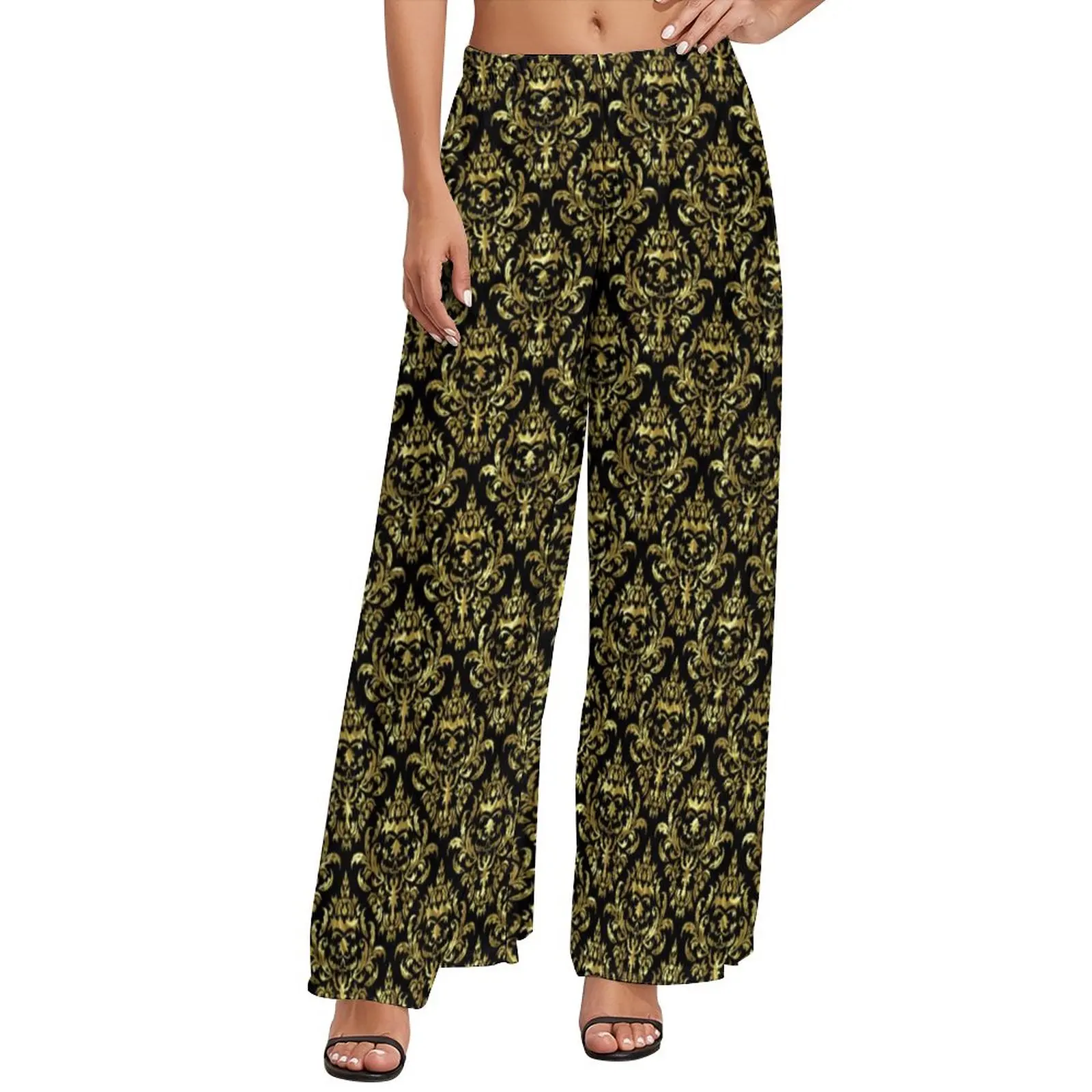 

Gold Baroque Floral Pants Geometric Pattern Casual Wide Leg Pants Women Oversized Beach Print Straight Trousers
