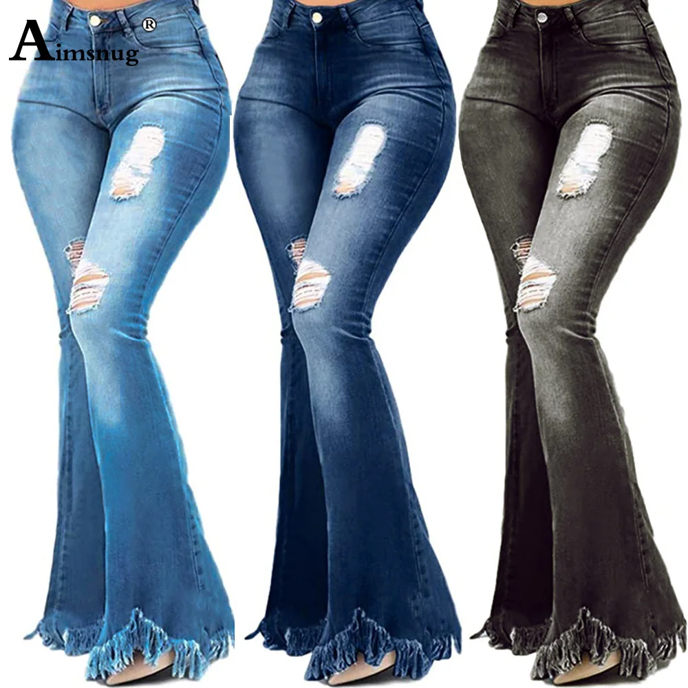 Aimsnug 2022 European Fashion High Waist Jeans Vintage Boot Cut Pant for Women Hole Ripped Denim Jeans Sexy Flare Demin Trousers