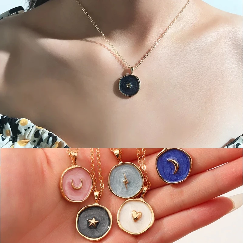 Fashion Necklace Alloy Drop Oil Love Heart Moon Lightning Pendant Necklaces Elegant Cute Round Party Jewelry for Women Gift