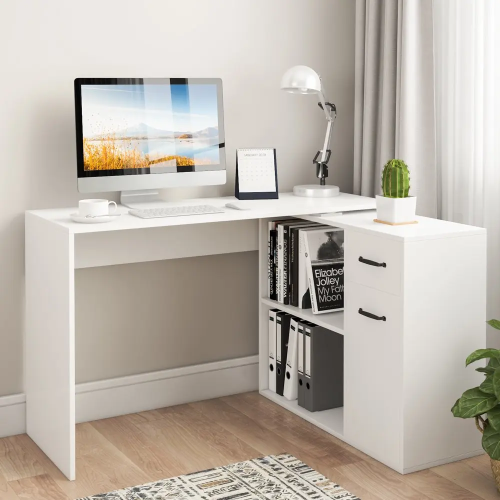 

180 Degree Rotating Computer Desk L-Shaped Corner Computer Desk Laptop Study Table Workstation w/ 2 Open Bookshelves & Drawers,