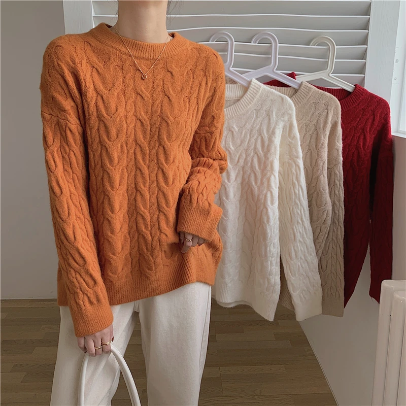 

Autumn Winter Women's Clothing Sweater Korean Fashion Loose Retro Twist Crew Neck Coral Red Long Sleeves Knitting Pullover Top