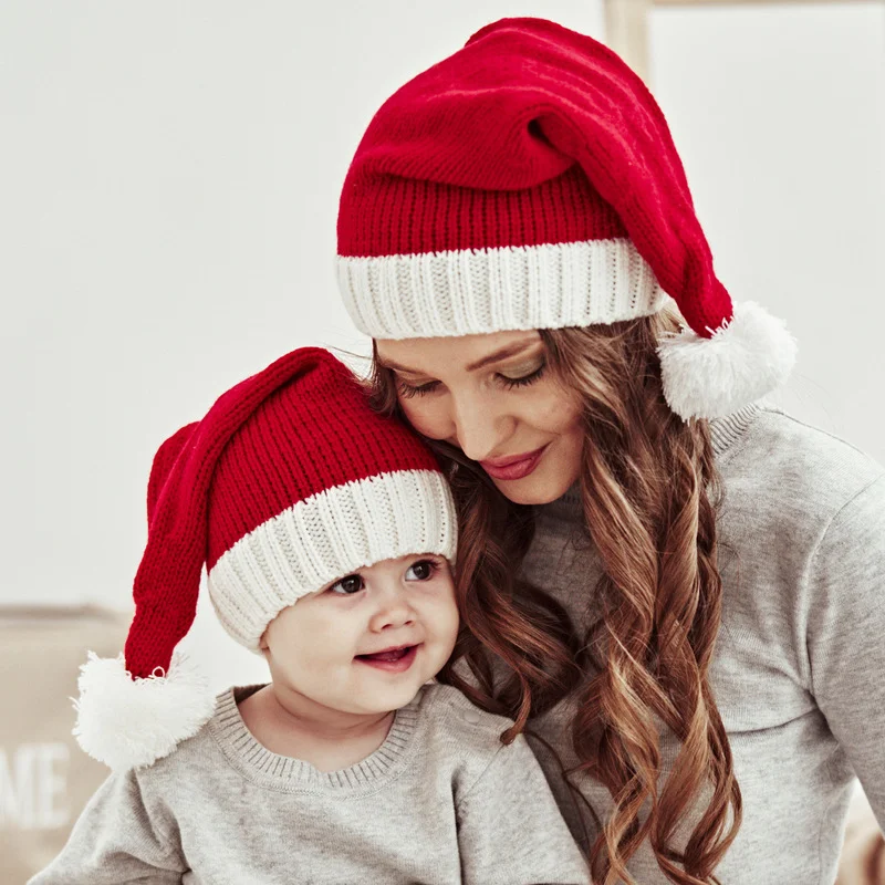 

Рождественская шапка для родителей и детей, милая шапка с помпоном для детей, Шапка-бини для девочек и мальчиков, однотонная теплая вязаная ...