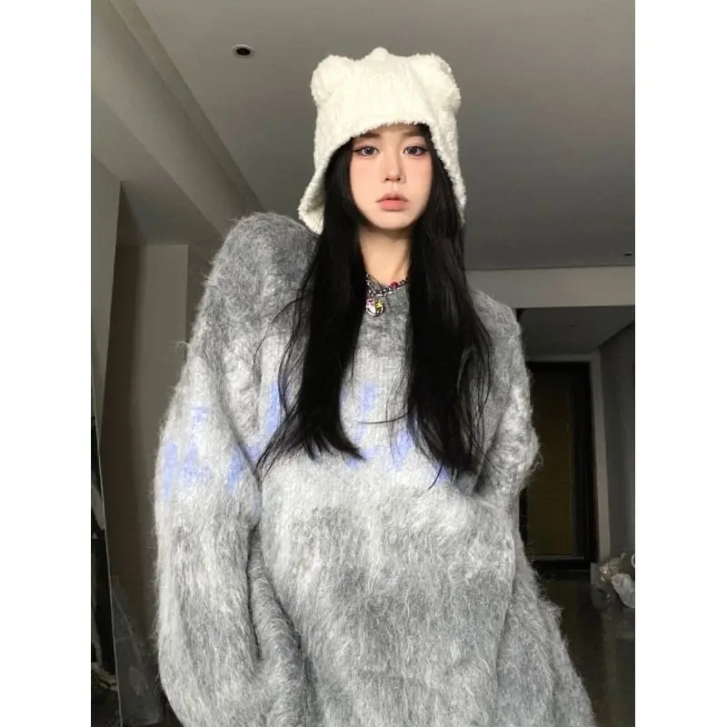 

Contrast Color Loose Long Sleeve Graphic Print Sweater Women Autumn Winter Thickened Korean Preppy Harajuku Knitted Pullover