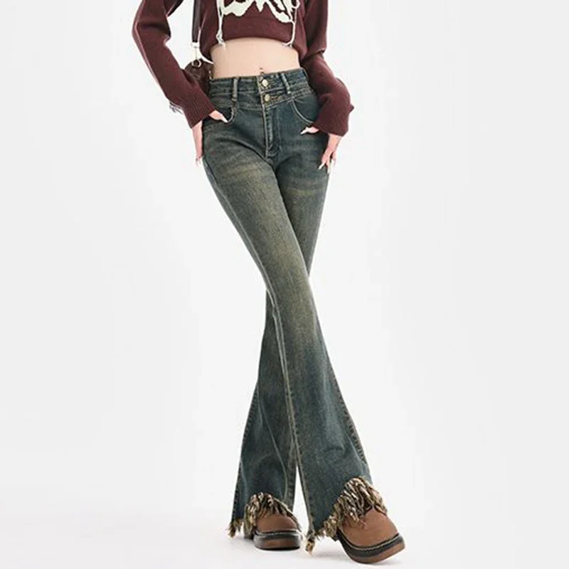 Женские эластичные уличные расклешенные джинсы с высокой талией женские