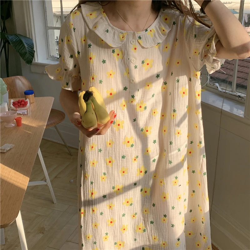 Kawaii Flowers Print Summer Nightgown Women O-Neck Ruffles Short Sleeve Pink Floral Long Sleepwear Night Dress 100% Cotton