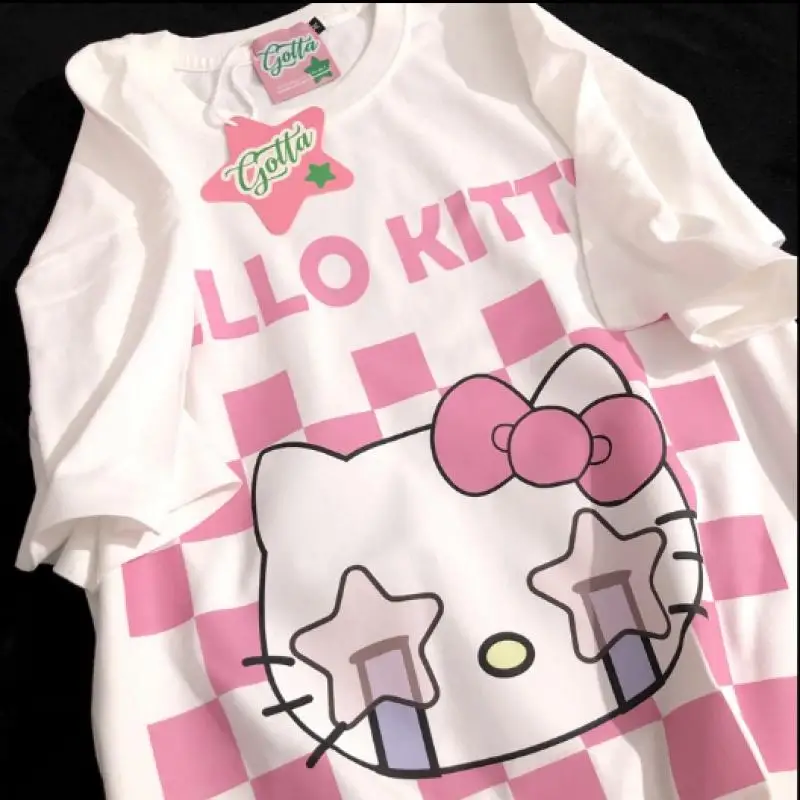 

Kawaii Sanrio, Hello Kitty хлопок Cute с мультяшным розовым принтом Jk футболка с коротким рукавом для девочек летние мягкие удобные свободные топы