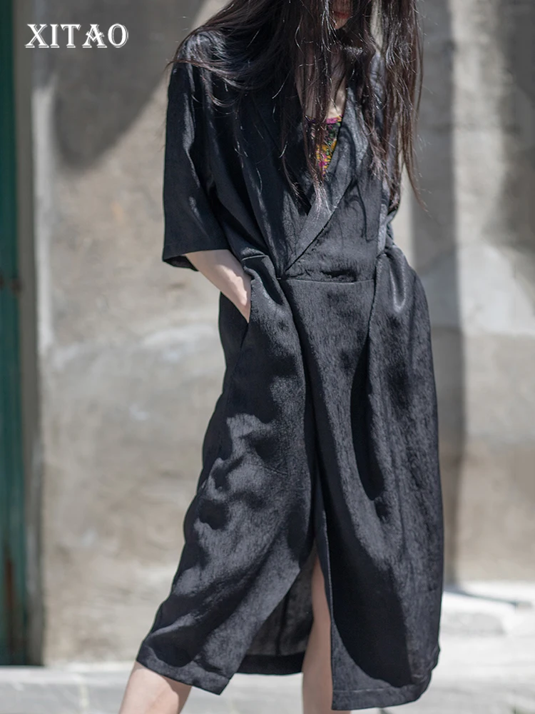 

XITAO Casual Dress Solid Color Simplicity Single Button Splicing Slit Dress Loose Fashion Summer New Women Suit Dress ZY7022