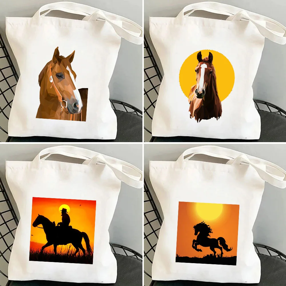 

Wild Spirit Cute Animal Horse Sunset Horses Portrait Sky Women's Canvas Tote Bags Shopper Shoulder Shopping Cotton Lady Handbags