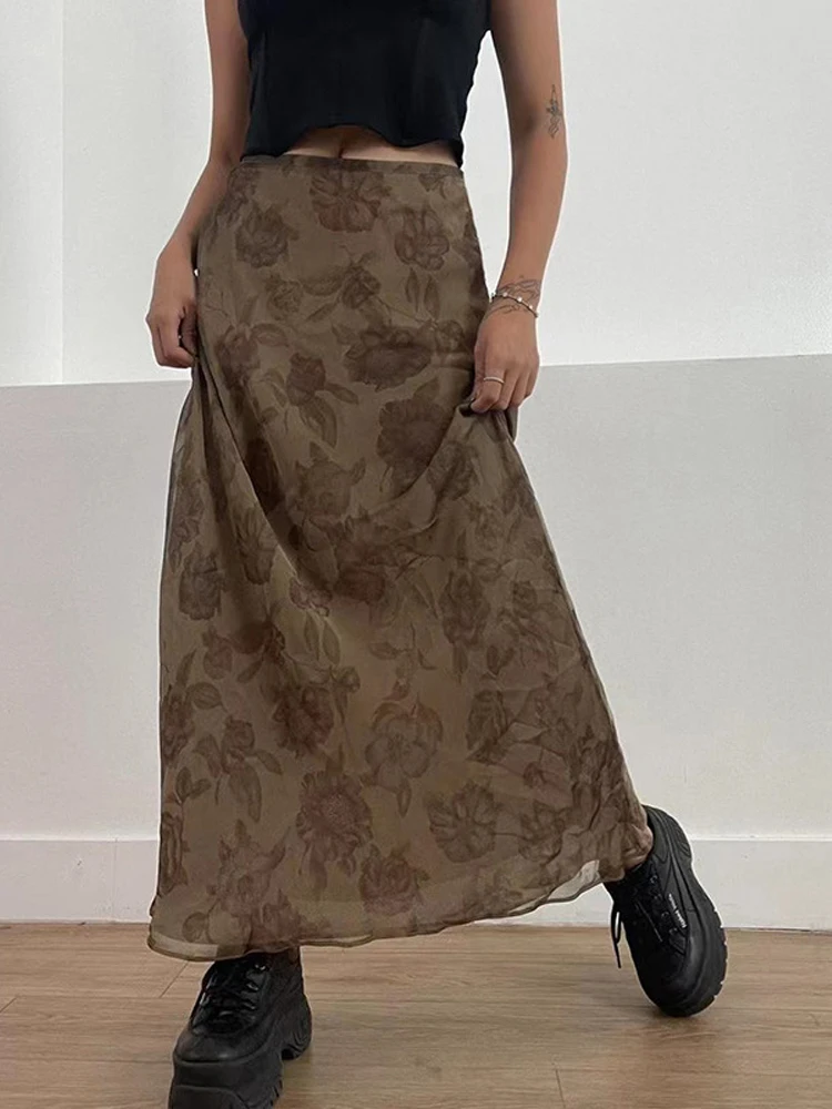 

Y2K Floral Midi Skirts Vintage Fairycore Grunge Pleated Skirts Women Holiday Bohemian Long Skirts Harajuku Korean Chic