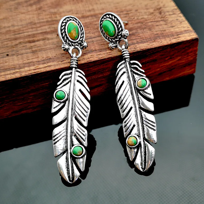 

Fashion Women Dangle Earrings Vintage Bohemian Style Silver Color Feather Drop Jewelry