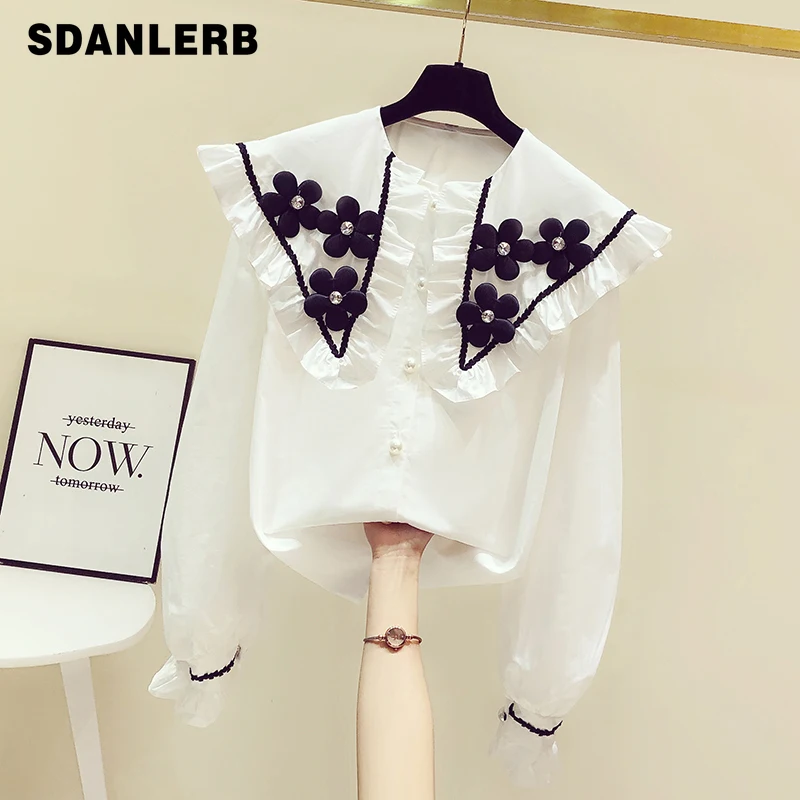 

2022 Spring New Long Sleeve Loose Tops Mujer Design Heavy Industry 3D Flower Lapel Women's Shirt Fashionable Blouse Camisas
