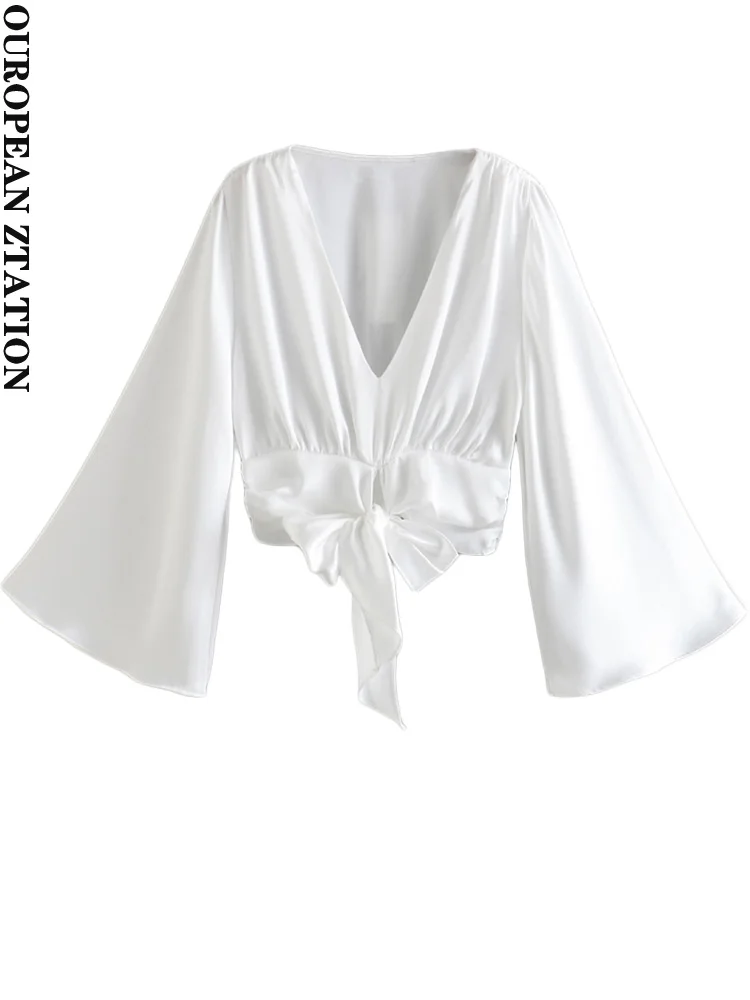 

PAILETE Women 2022 fashion with knotted satin crop blouses vintage v neck wide long sleeves female shirts blusas chic tops