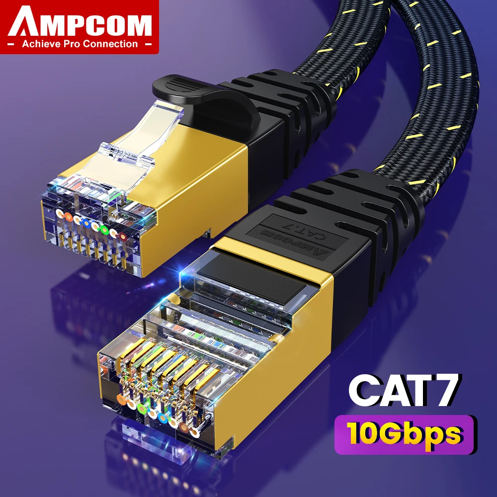 Кабель Ethernet AMPCOM Cat7 Плоский кабель для локальной сети SFTP круглый сетевой RJ45 CAT7