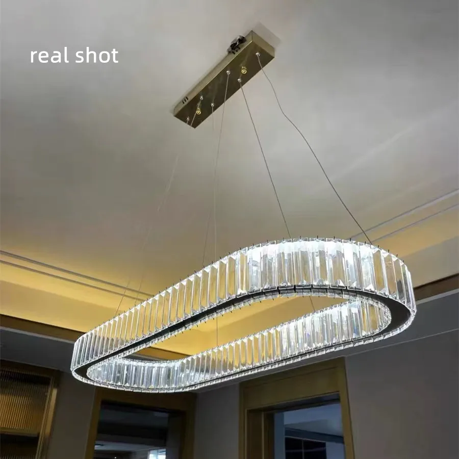 Цена Роскошные овальные стальные светодиодные подвесные светильники с регулируемой яркостью для столовой, золотистые хромированные светильни...