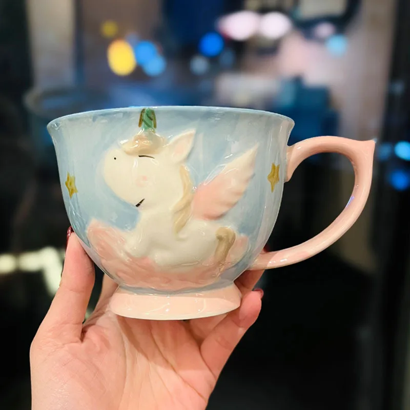 

450ML Cute Cartoon Ceramic Coffee Cup with HandleStudent Oatmeal Milk Breakfast Cup Creative Embossed Mug Afternoon Tea Cup