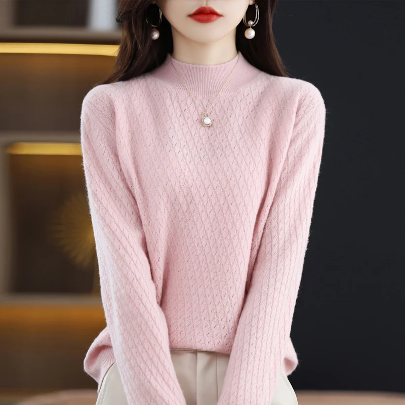 

100% Pure Australian Wool Knitted Women's Pullover Sweater Solid Color Half High Neck 2023 Spring/Summer Loose Hollow Knit Top