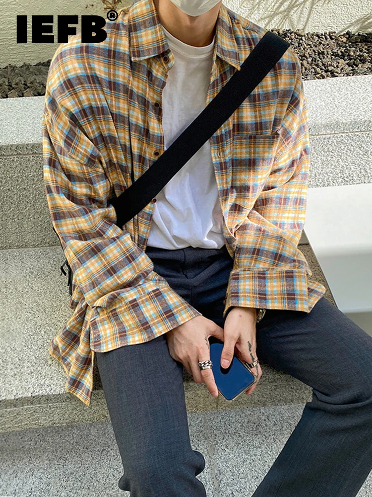 

IEFB Korean Style Checkered Color Matching Men's Casual Shirt 2022 Spring New Fashionable Turn-down Collar Loose Tops 9A2037