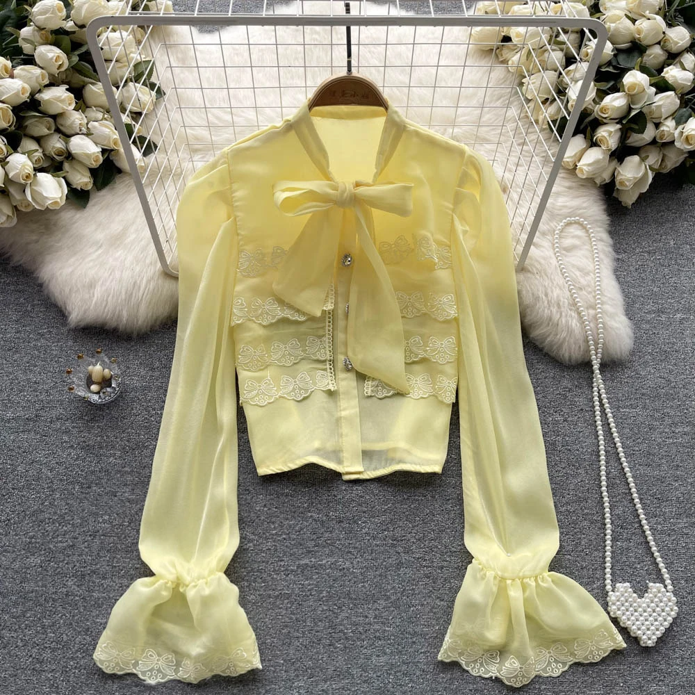 

Корейская Нежная Милая свободная кружевная шифоновая рубашка с воротником-стойкой и пузырьковыми рукавами