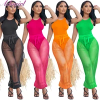 fitness summer active two piece sets women tracksuit solid sleeveless bodysuit sheer mesh loose pants outfit party clubwear suit