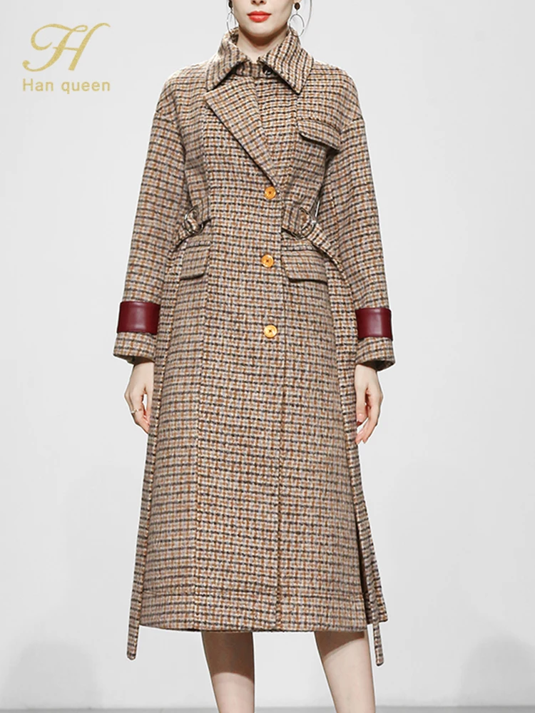 

H Han Queen Elegant Retro British Patterned Mid-Length Wool coat Vestidos Simple Work Dress Women Single-breasted Casual Dresses