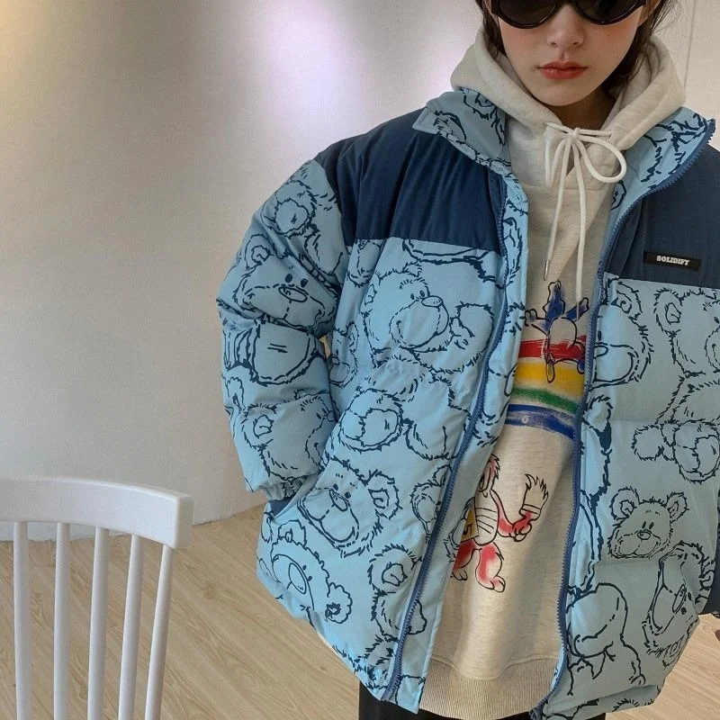 Women Warm Thicken Outerwear Loose Parkas Coats Fashion Cartoon Printed Cotton Windbreaker Jacket Zip Coat Jackets 2021 Winter
