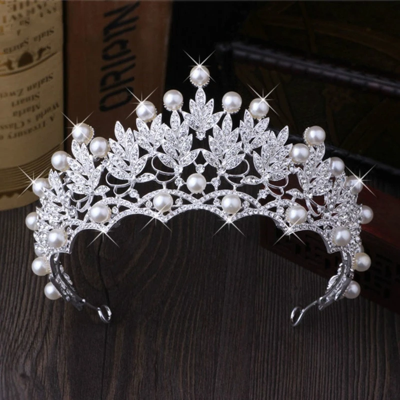 

Великолепная женская свадебная тиара с жемчугом, ювелирные изделия, блестящая свадебная корона, большая королева, тиара, искусственные волосы, ювелирное изделие, предложение, Бесплатная подарочная коробка HG176