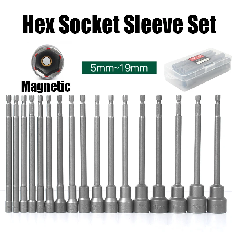 16PCS 150mm 5-19mm Hex Socket Sleeve Nut Driver Screwdriver Bit Adapter Impact Socket Magnetic Nut Screwdriver Bolt Driver Tool