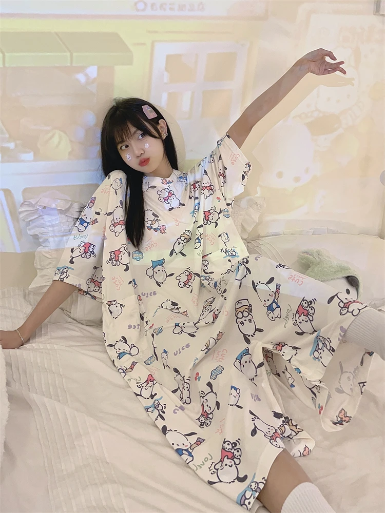 

Kawaii Sanrios Nightdress Cartoon Anime Pochacco Pajamas Female Summer Modal Ice Silk Siamese Pajamas Homewear