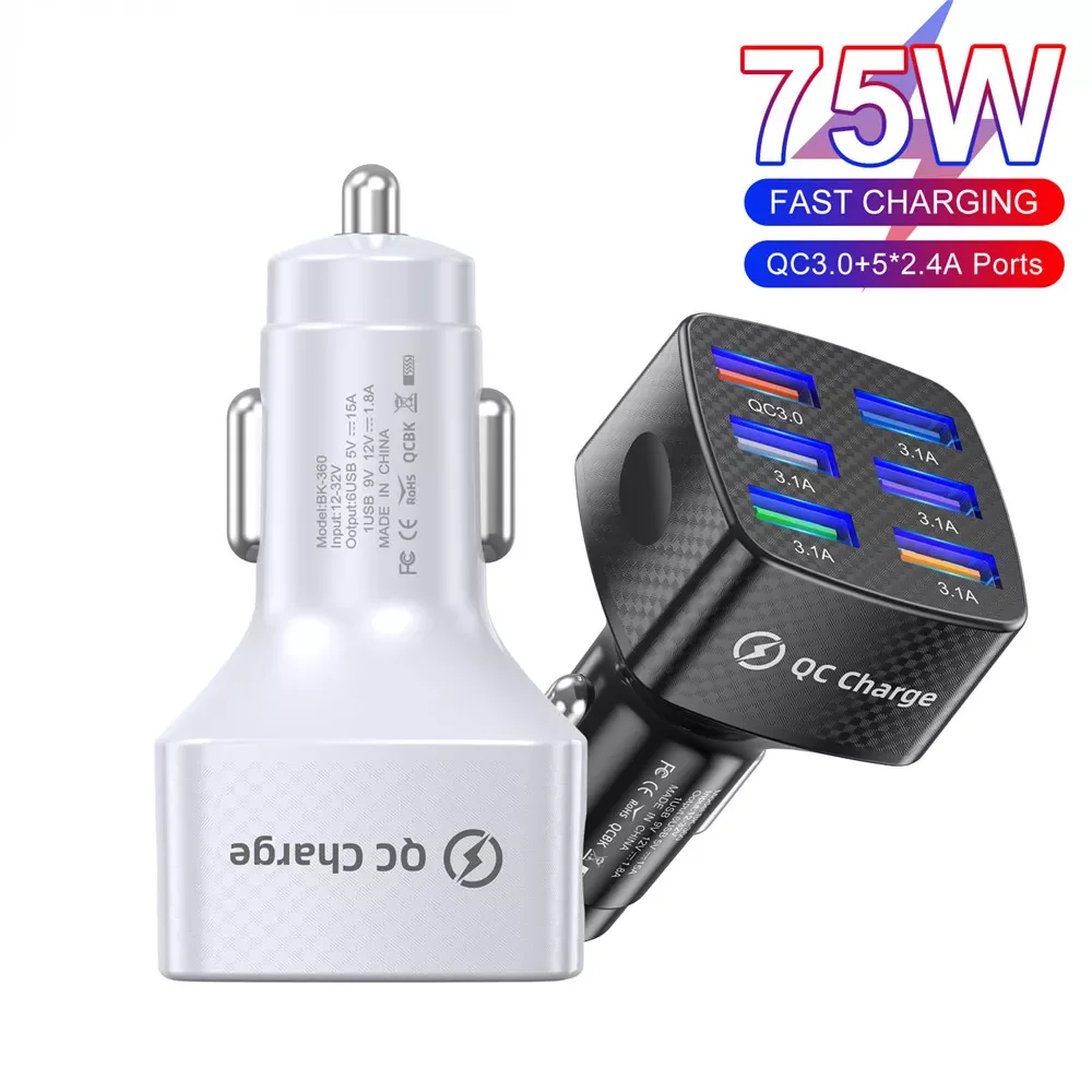 

NEW2023 75W Car Charger Quick Charge 3.0 6 Ports USB Charger 13 12 Pro Portable Mobile Charger